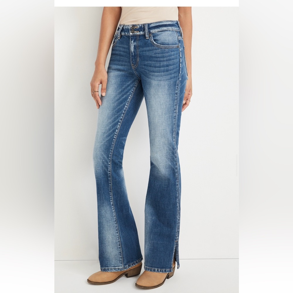 KanCan™ Bootcut Mid Rise Slit Hem Jean, medium sandblasted